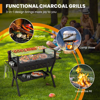 Barbecue Charcoal Grills, Stainless Steel Camping Grill w/Wind Guard