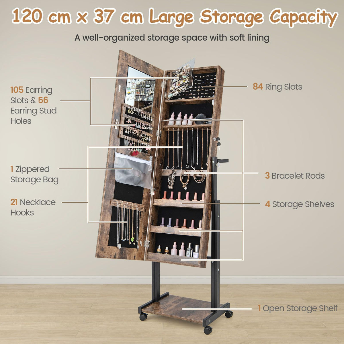 Giantex Adjustable Standing Jewelry Cabinet, Lockable Jewelry Armoire Organizer