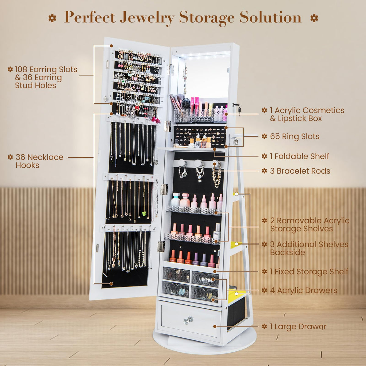 Giantex 360° Swivel Jewelry Cabinet w/Full-Length Mirror