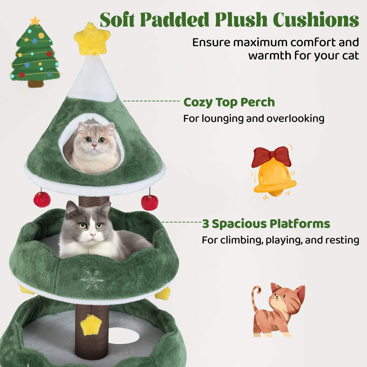 179 CM Tall Christmas Cat Tree, Multi-Level Kitten Tower with 3 Plush Platforms