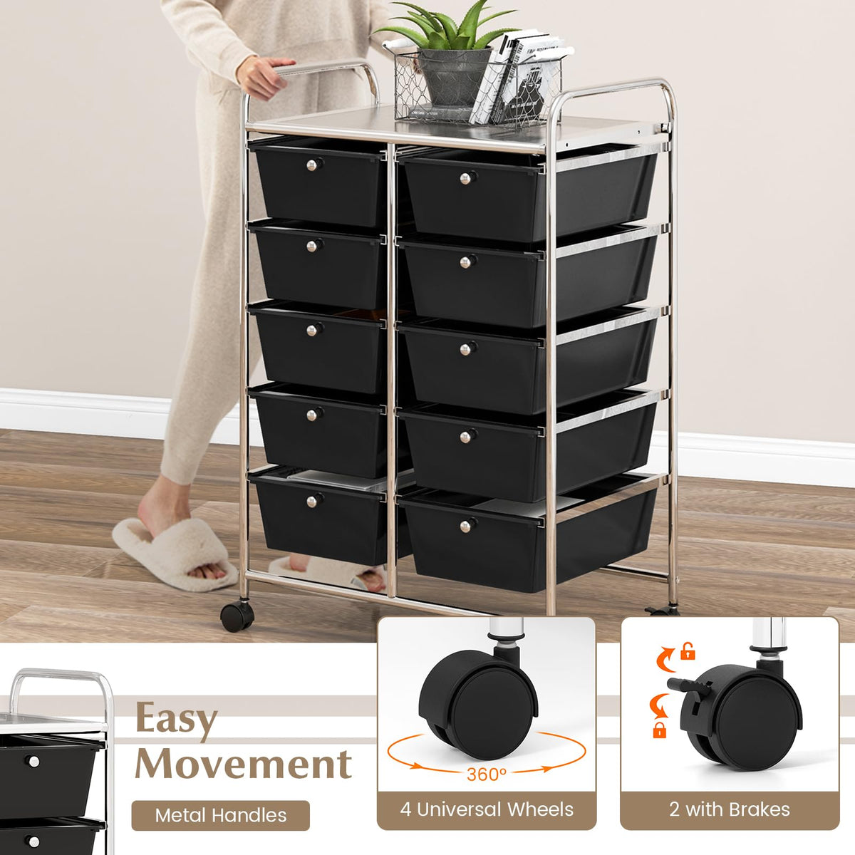 Giantex 10-Drawer Storage Cart w/Universal Wheels, Rolling Cart w/Handles, Mobile Organizer Unit w/Removable Drawers