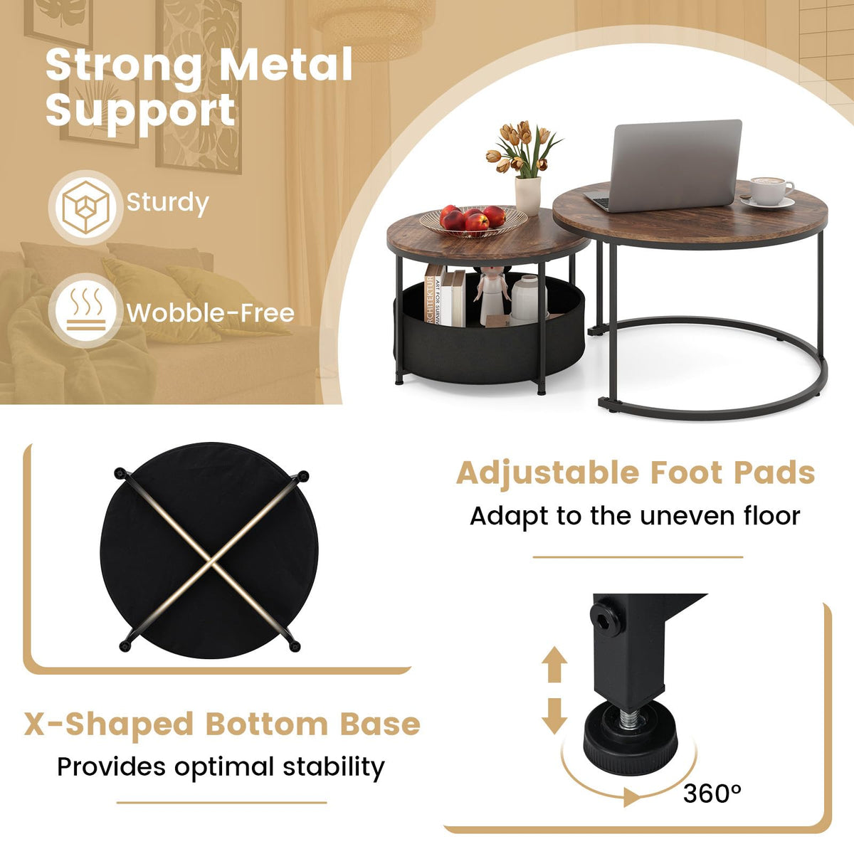 Giantex Round Coffee Table Set of 2, 80cm & 60cm Circle Cocktail Table with Fabric Storage Basket & Metal Frame