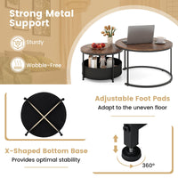 Giantex Round Coffee Table Set of 2, 80cm & 60cm Circle Cocktail Table with Fabric Storage Basket & Metal Frame