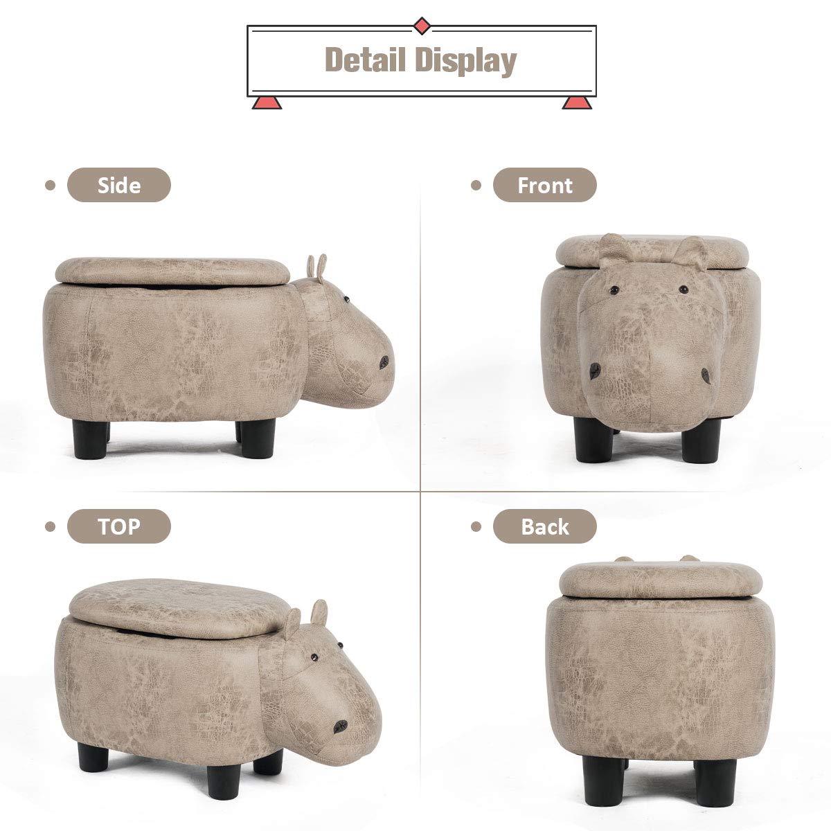 Giantex Storage Footrest Ottoman, Cute Animal Footstool, Hippo Upholstered Storage Ottoman w/Suede Fabric