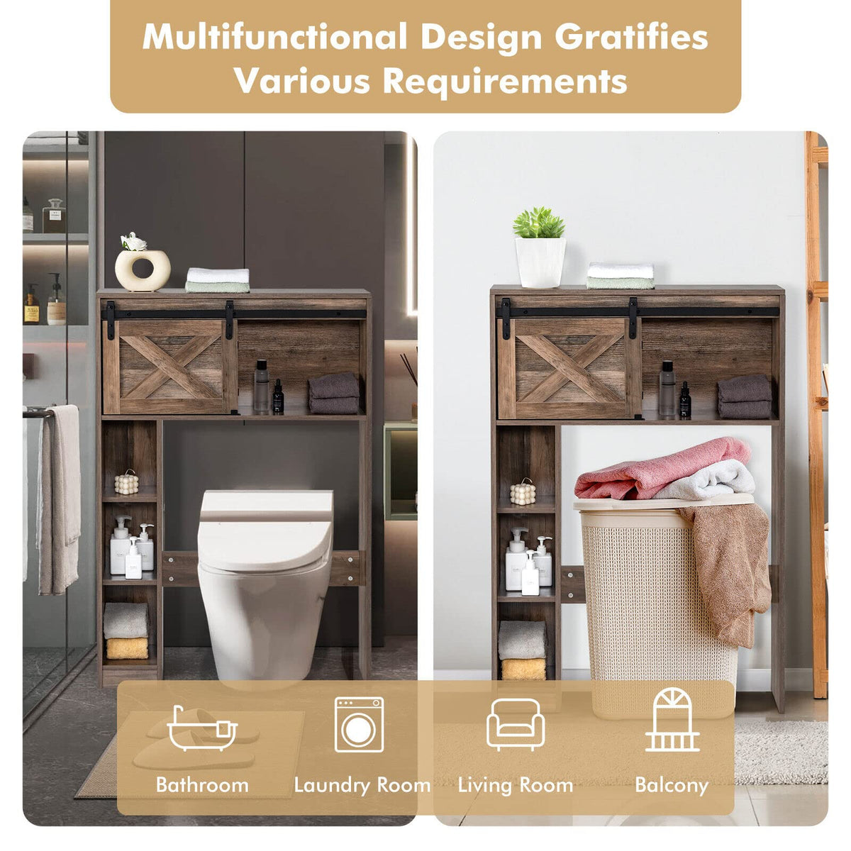 Giantex Over The Toilet Storage Cabinet, Freestanding Bathroom Organizer with Sliding Barn Door & Storage Shelves