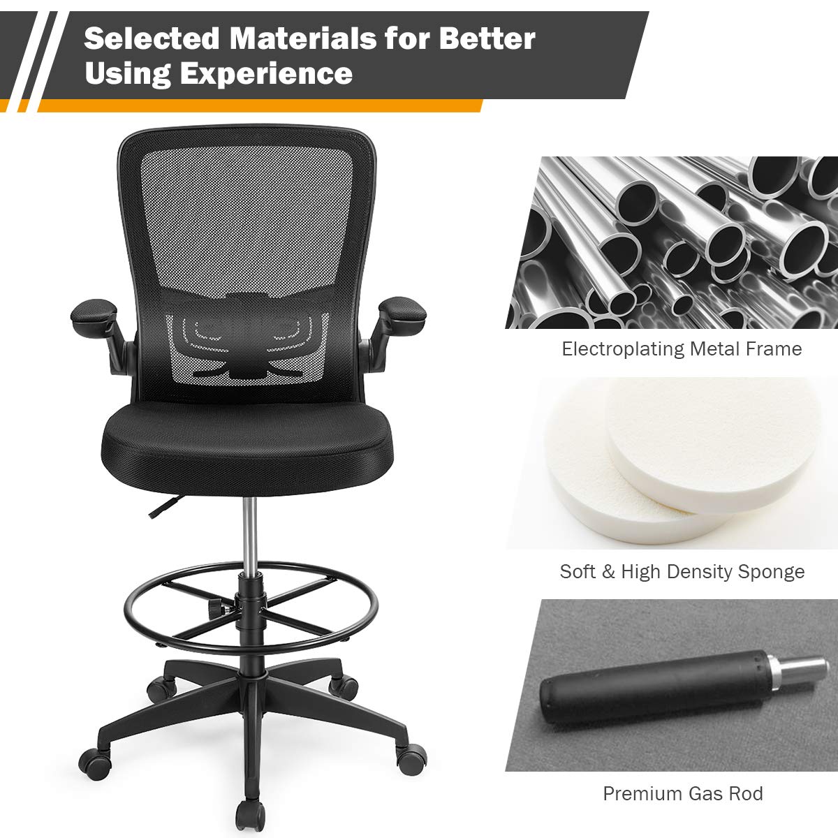 Giantex Adjustable Drafting Chair, 360° Swivel Designed Mesh Fabric Chair, Executive Chair for Working Studying Gaming