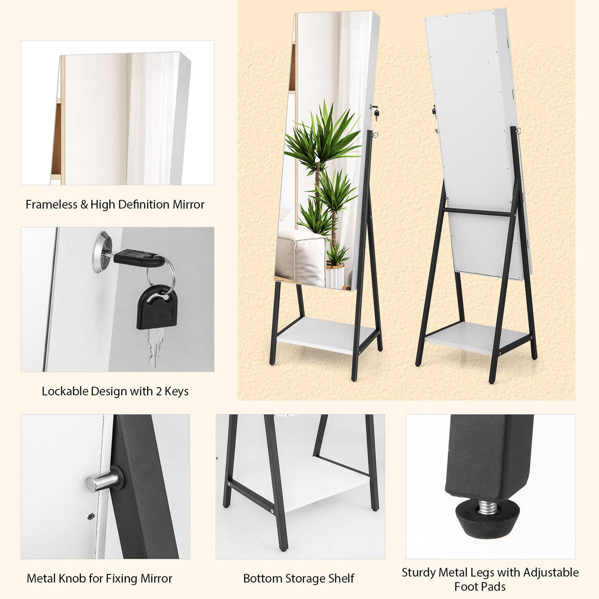 Giantex Freestanding Jewelry Cabinet, Lockable Floor Jewelry Armoire Organizer w/ Full-Length Mirror