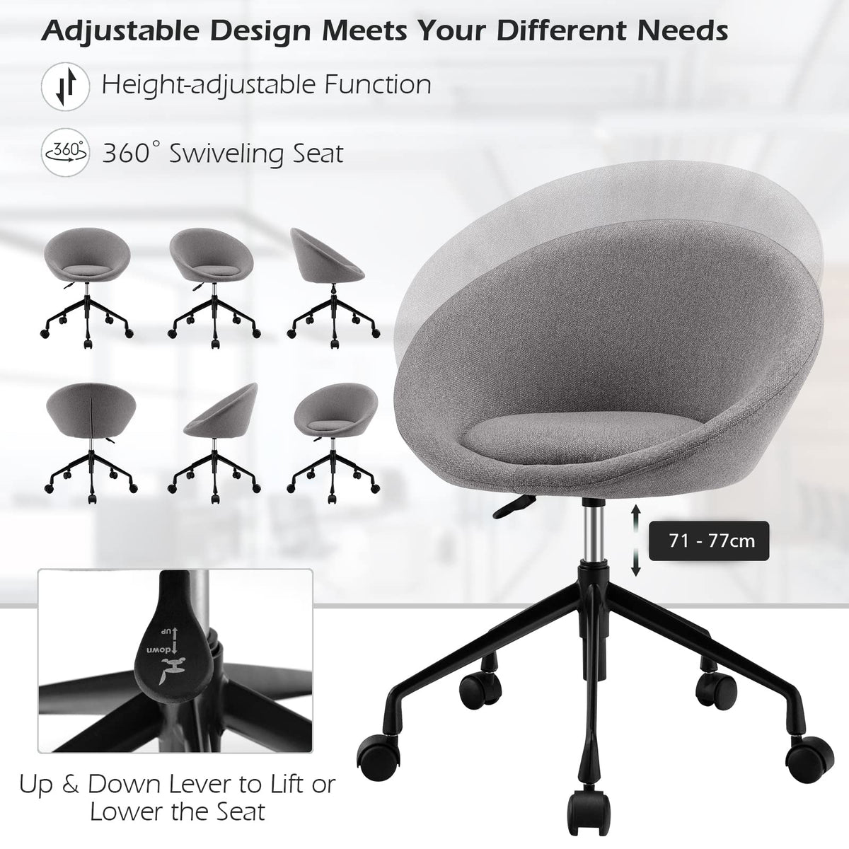 Giantex Modern Swivel Accent Chair, Round Back Desk Chair, Height Adjustable Home Office Chair
