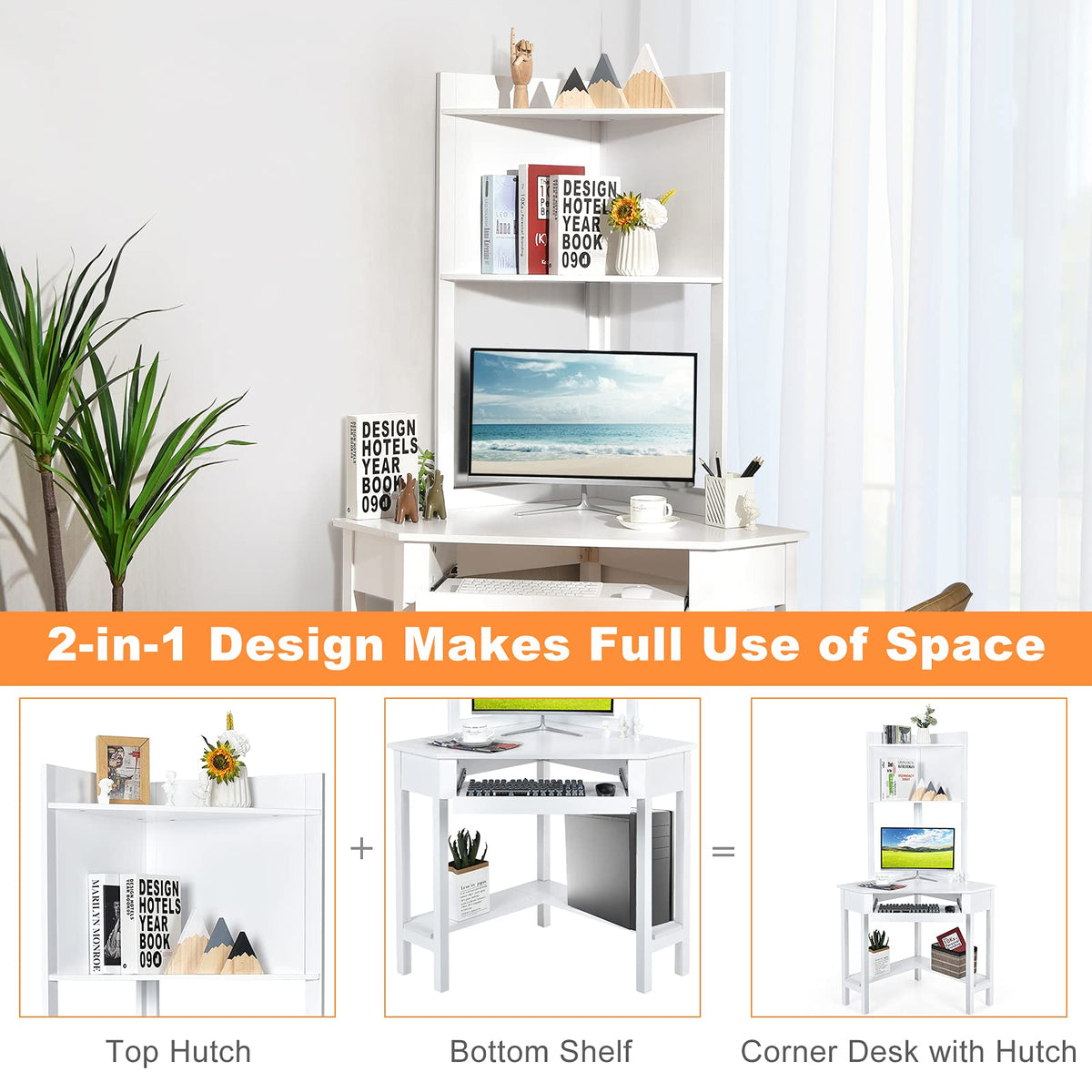 Giantex Corner Desk with Hutch, Compact Home Office Desk, Corner Computer Desk, Study and Writing Table