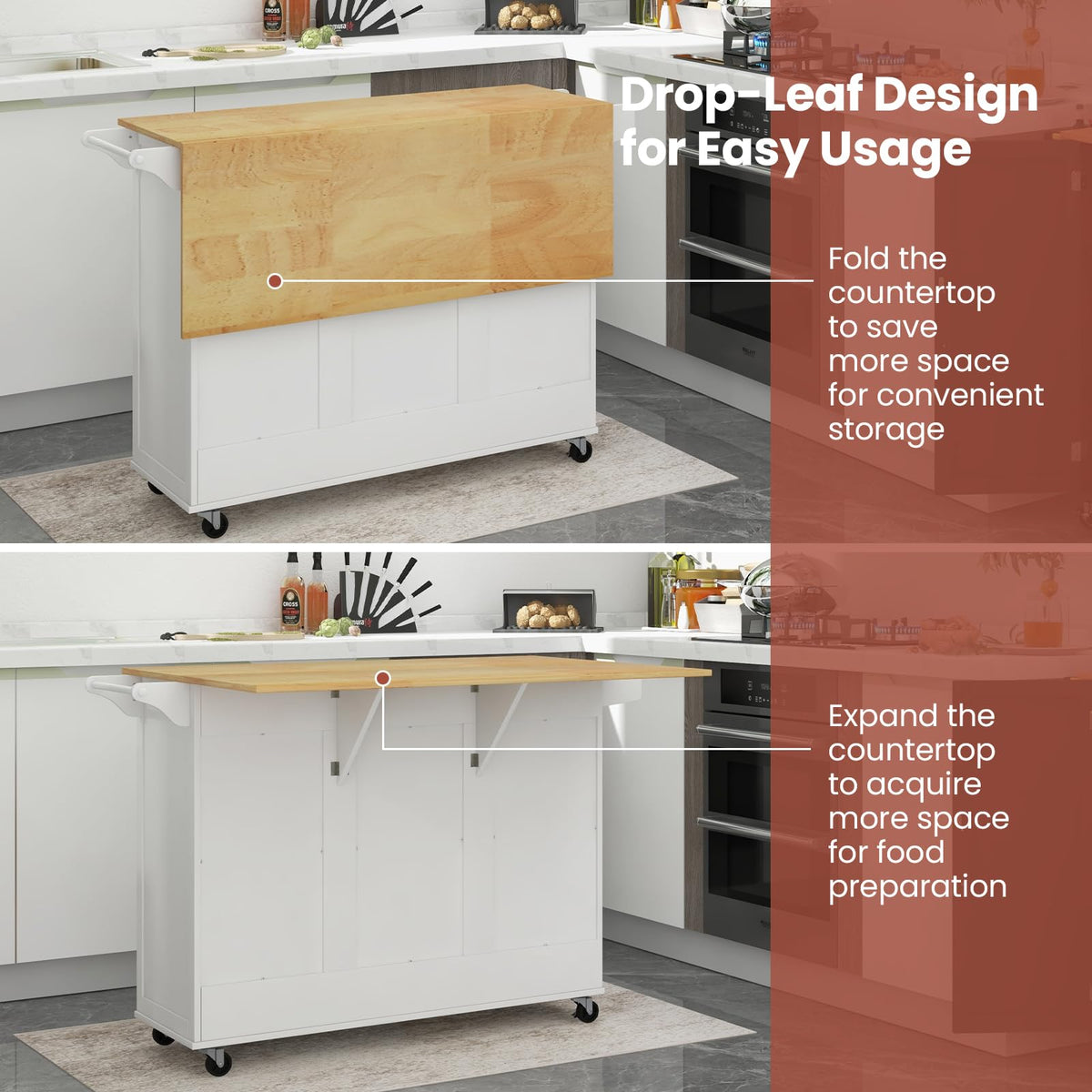 Rolling Kitchen Island Cart, Large Kitchen Island w/Drop-Leaf Countertop & 4 Rotatable Casters