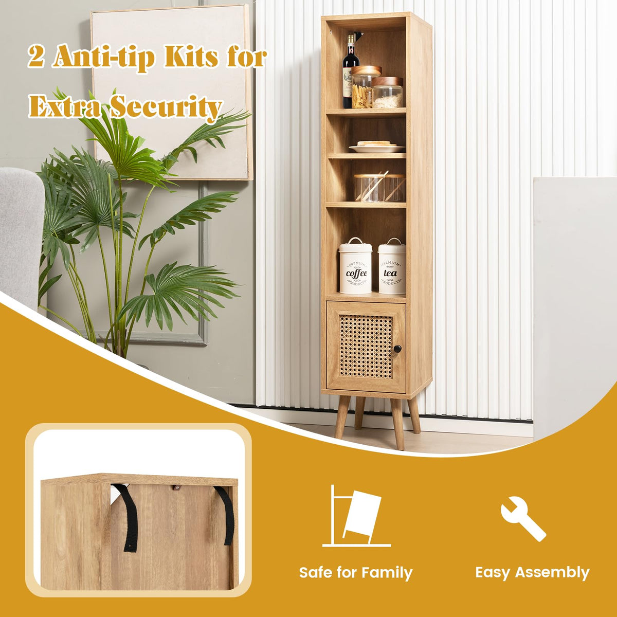 Natural Rattan Storage Cabinet Freestanding Cabinet 137cm Bookcase Display Rack