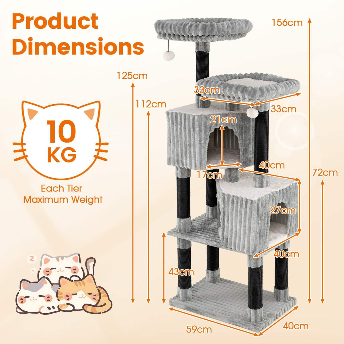 Large Multi-Level Cat Tree, 156 cm Tall Cat Tower w/ 2 Condos