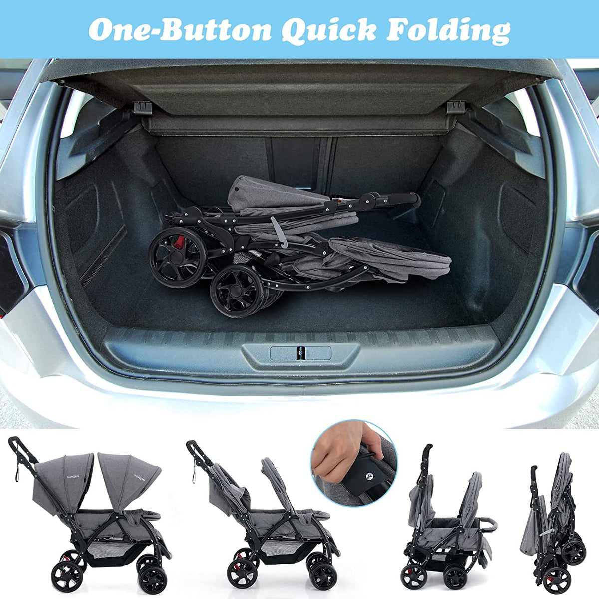 Foldable Tandem Stroller, Double Seat Baby Pram w/Adjustable Backrest, Push Handle and Footrest