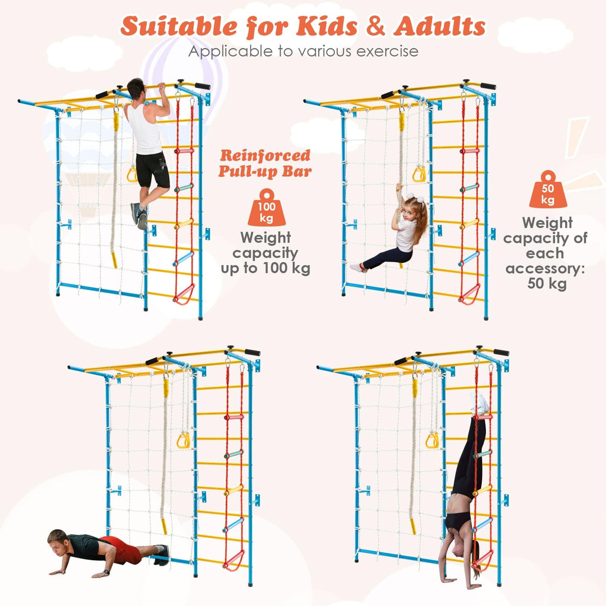 7-in-1 Steel Home Playground with Monkey Bars, Rope Wall, Wall Ladder, Pull-up Bar, Rope Ladder