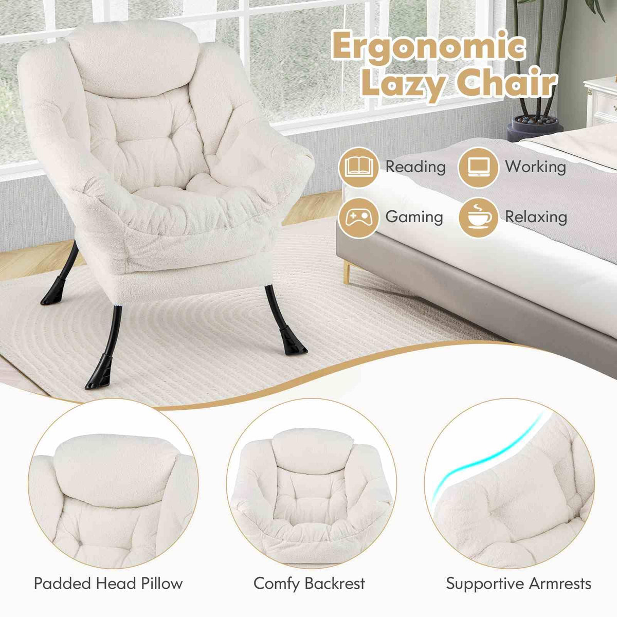 Large Lazy Chair, Sherpa Upholstered Accent Chair with Cozy Head Pillow, Stylish Tufted Back & Seat