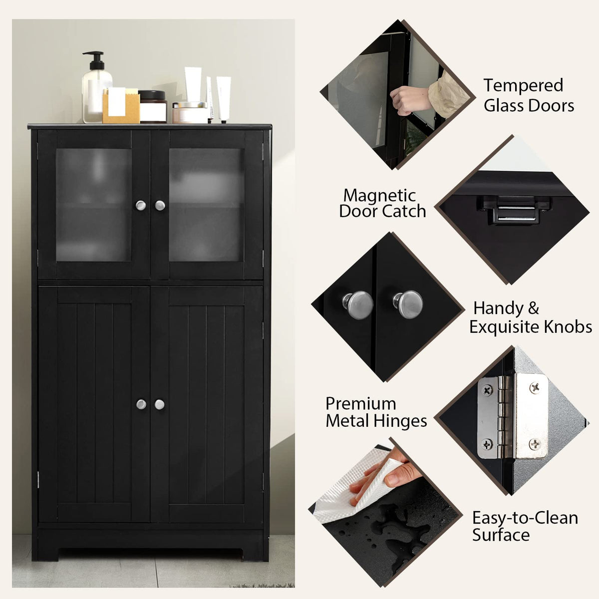 Bathroom Storage Cabinet, Kitchen Pantry Cabinet w/Tempered Glass Doors & Adjustable Shelf