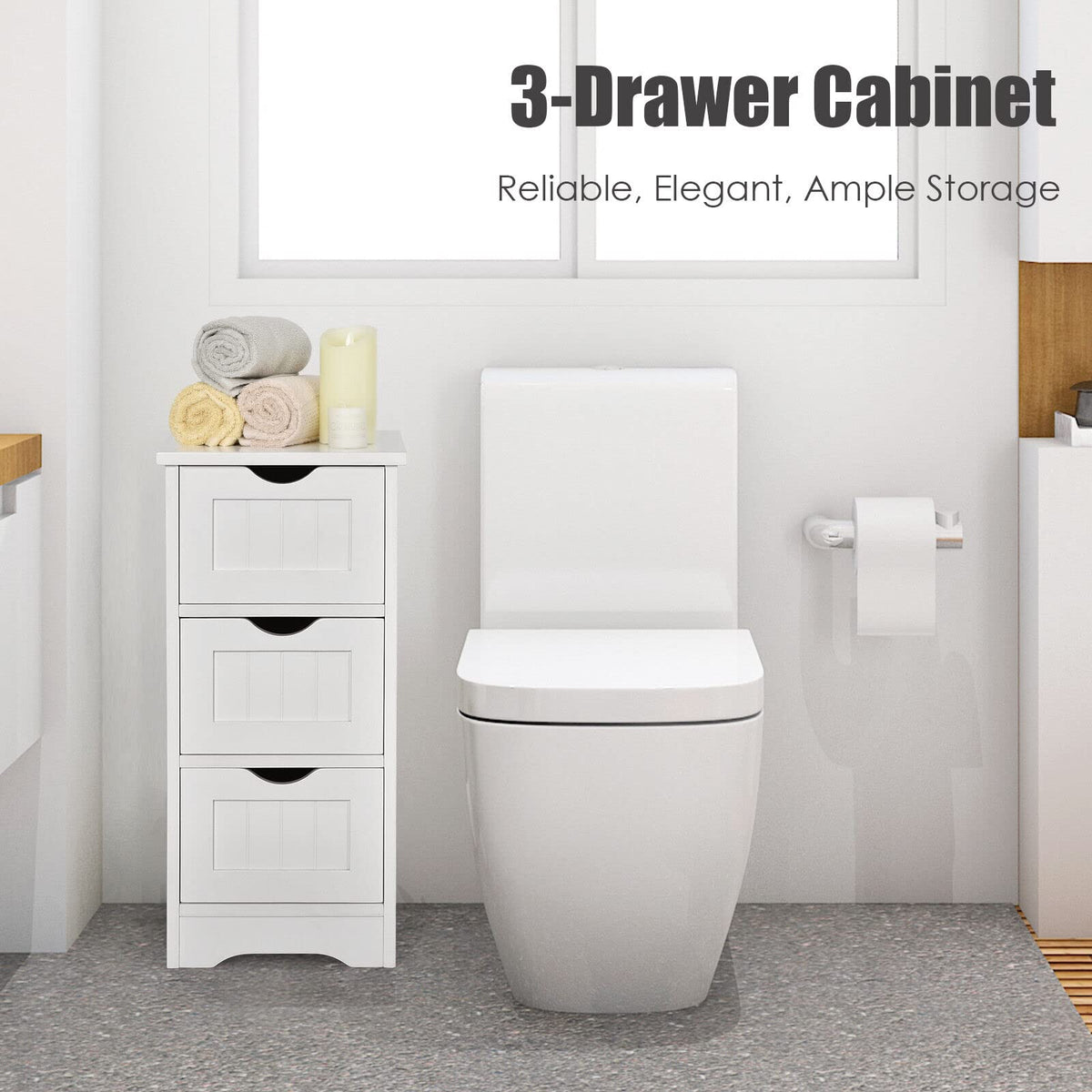 Giantex Bathroom Floor Cabinet, Side Storage Organizer Cabinet with 3 Drawers, Anti-Toppling Kit, White