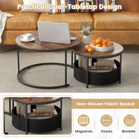Giantex Round Coffee Table Set of 2, 80cm & 60cm Circle Cocktail Table with Fabric Storage Basket & Metal Frame