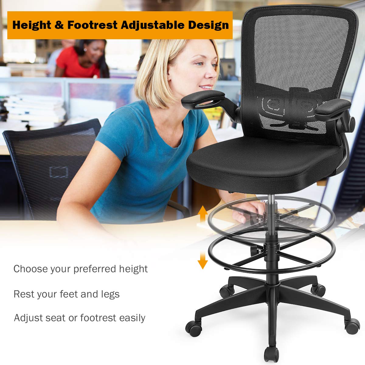 Giantex Adjustable Drafting Chair, 360° Swivel Designed Mesh Fabric Chair, Executive Chair for Working Studying Gaming