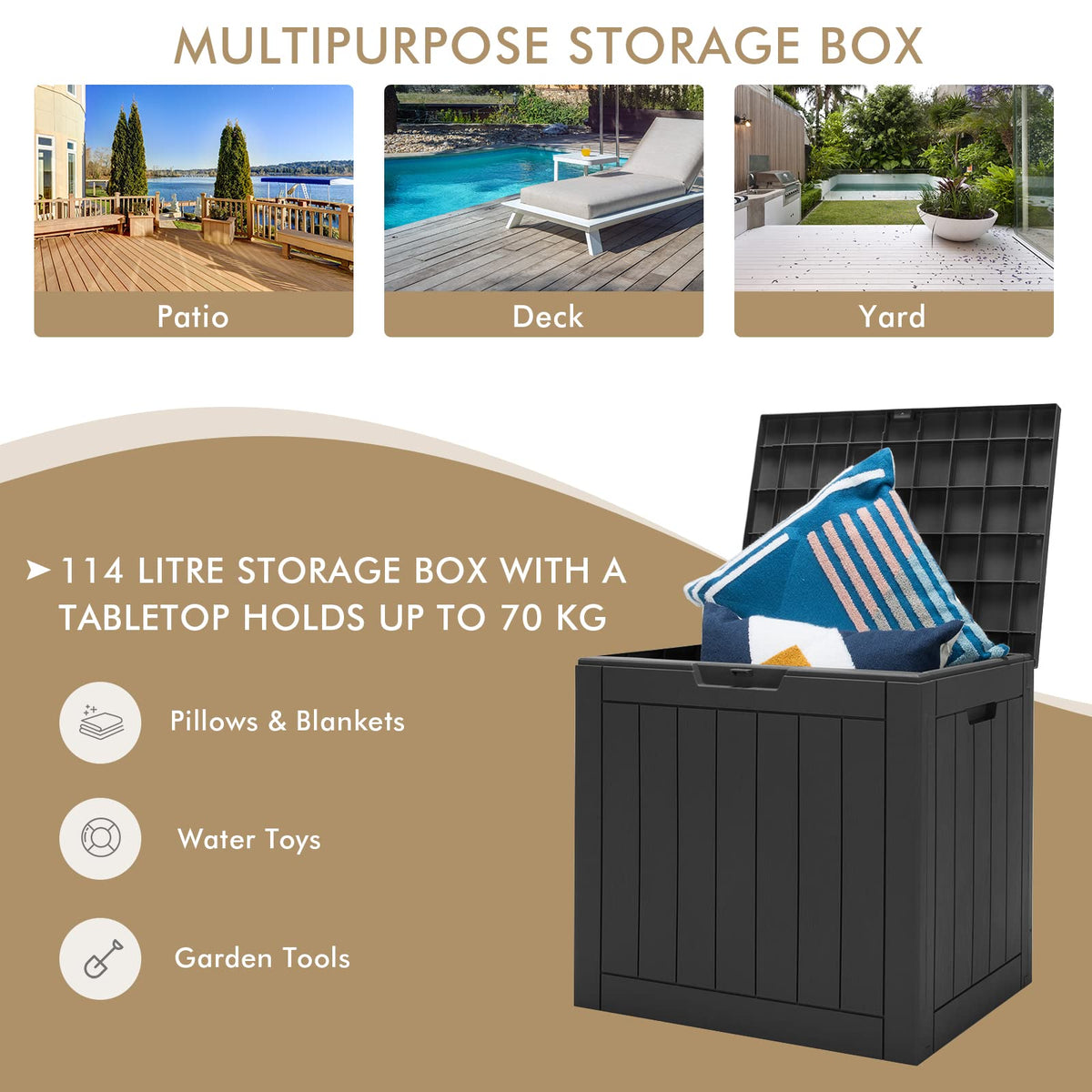 Deck Box, 118L Outdoor Storage Box for Patio Tools, Cushions, Garden Supplies