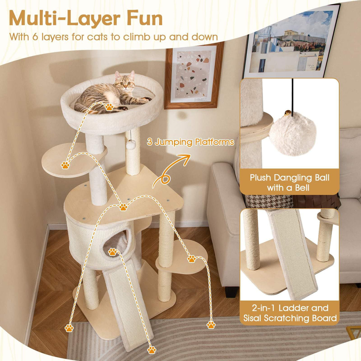 143 CM Tall Cat Tree with Sisal Scratching Posts and Condo