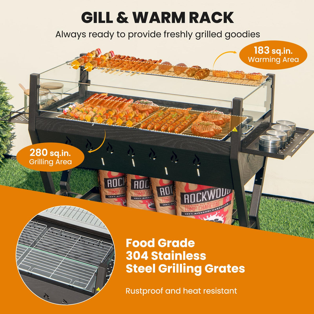 Barbecue Charcoal Grills, Stainless Steel Camping Grill w/Wind Guard