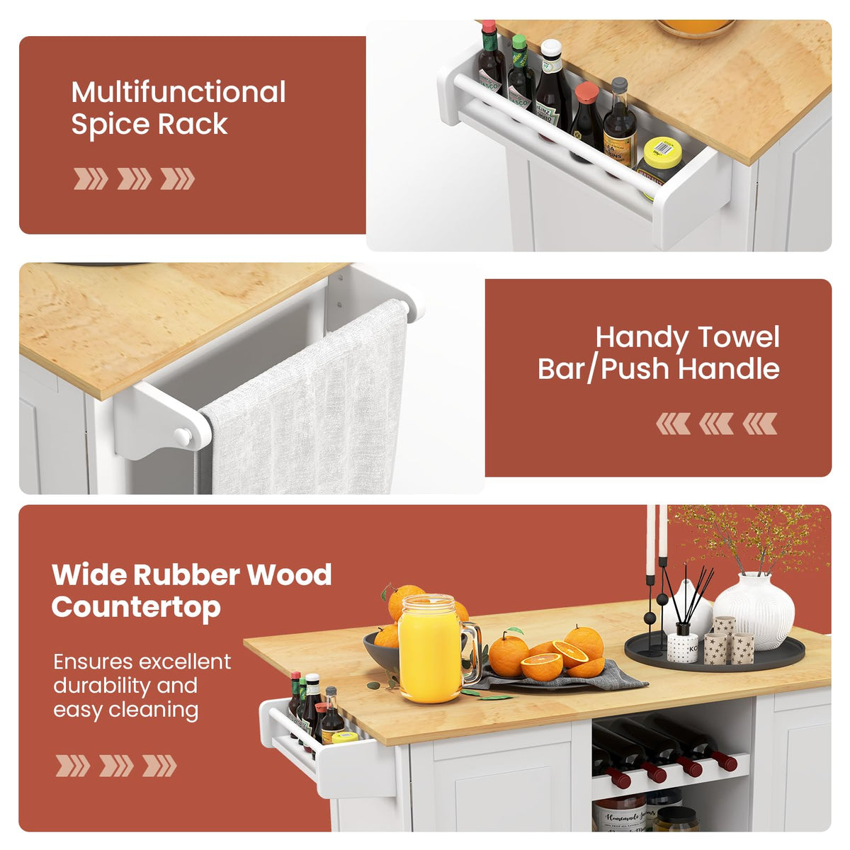 Rolling Kitchen Island Cart, Large Kitchen Island w/Drop-Leaf Countertop & 4 Rotatable Casters