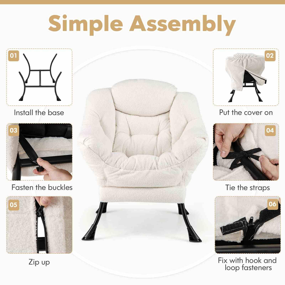 Large Lazy Chair, Sherpa Upholstered Accent Chair with Cozy Head Pillow, Stylish Tufted Back & Seat