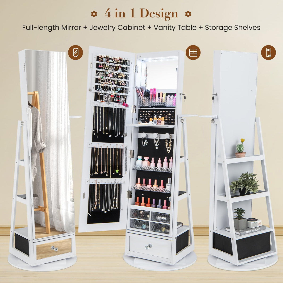 Giantex 360° Swivel Jewelry Cabinet w/Full-Length Mirror