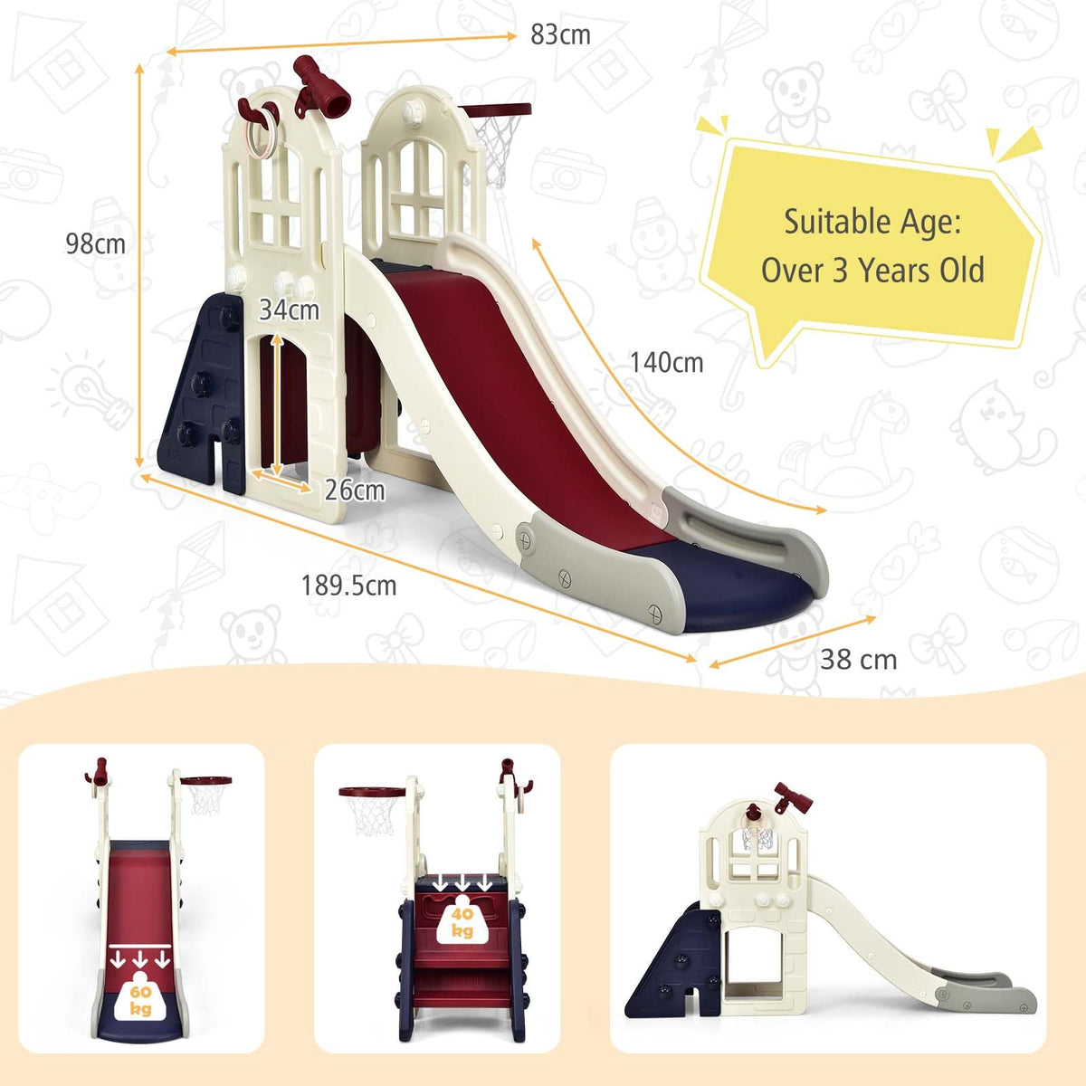 6-In-1 Large Slide with Basketball Hoop for Indoor & Outdoor Playground