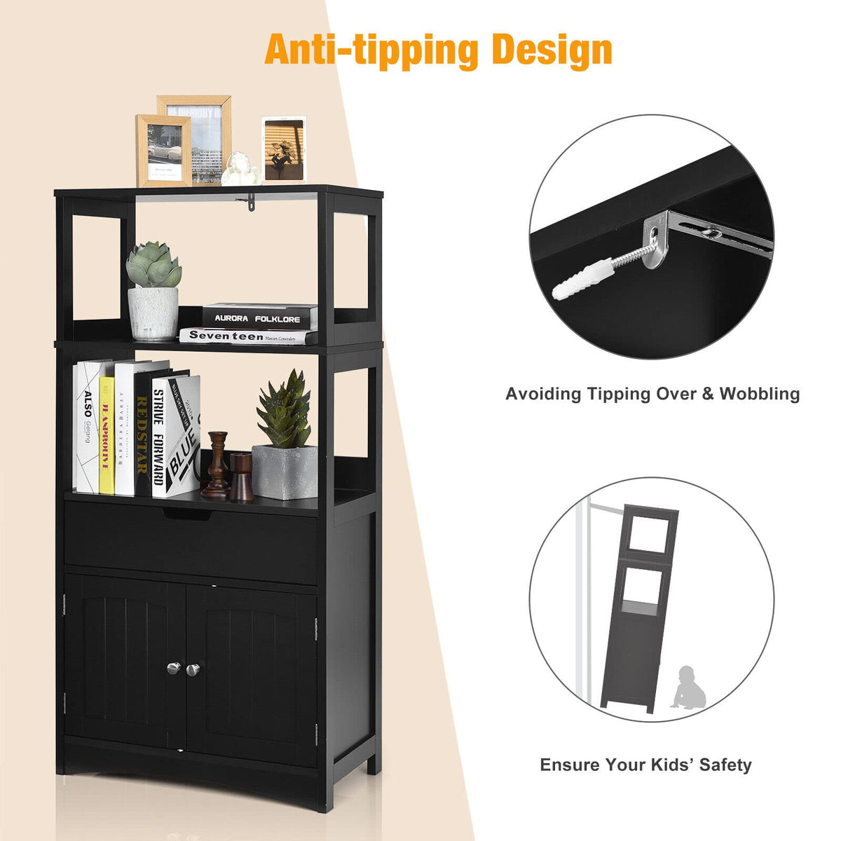 Giantex Floor Storage Cabinet, Freestanding Organizer, Kitchen Pantry Holder w/Anti-Toppling Mechanism, Wooden Entryway Sideboard