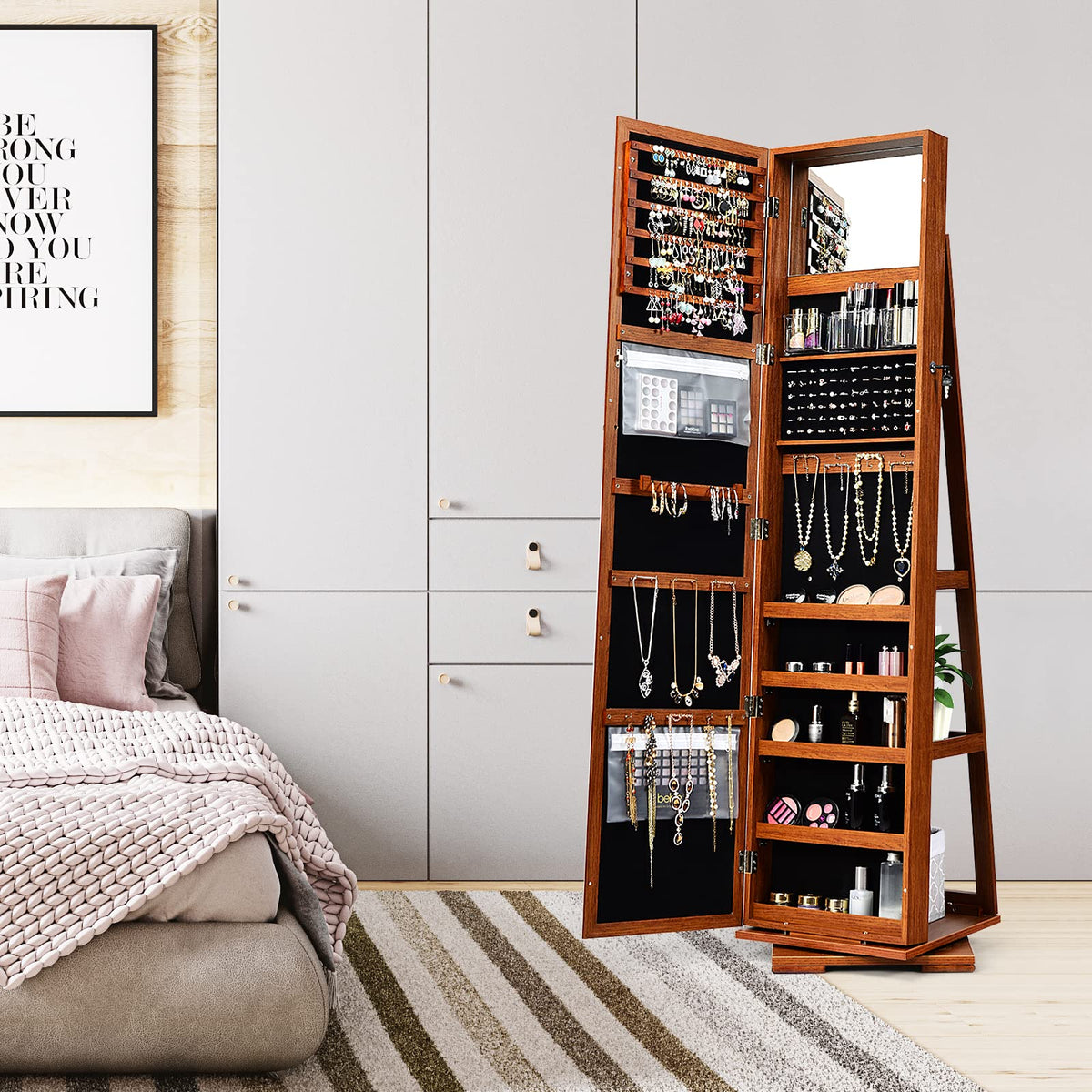 Giantex 360 Rotating Mirrored Jewelry Cabinet, Free Standing Jewelry Armoire, Full Length Mirror