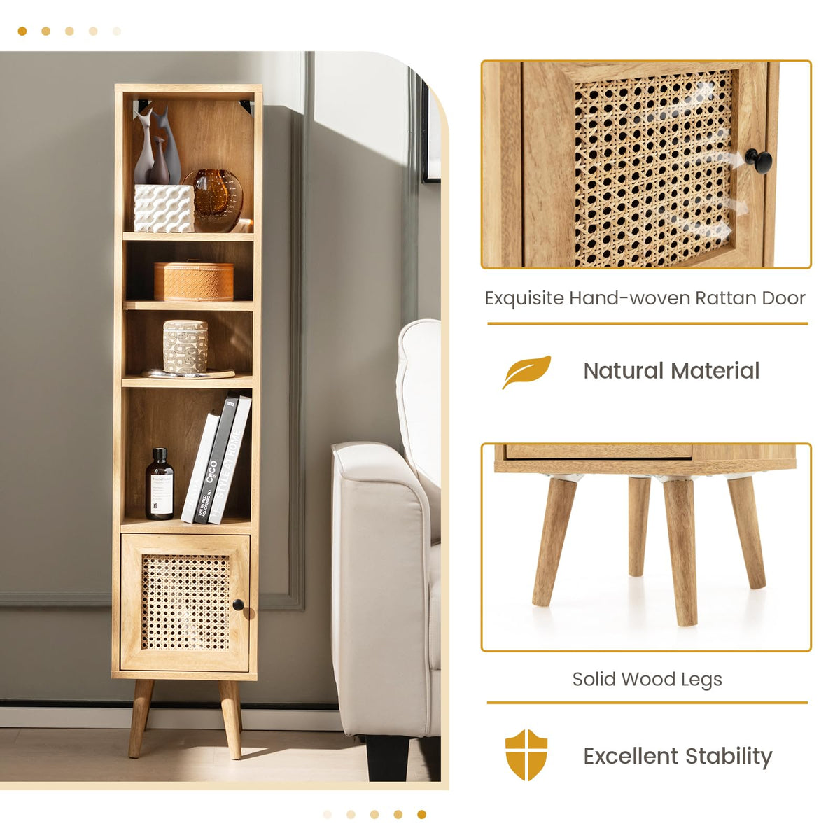 Natural Rattan Storage Cabinet Freestanding Cabinet 137cm Bookcase Display Rack