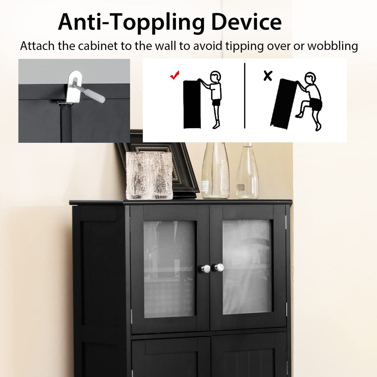 Bathroom Storage Cabinet, Kitchen Pantry Cabinet w/Tempered Glass Doors & Adjustable Shelf