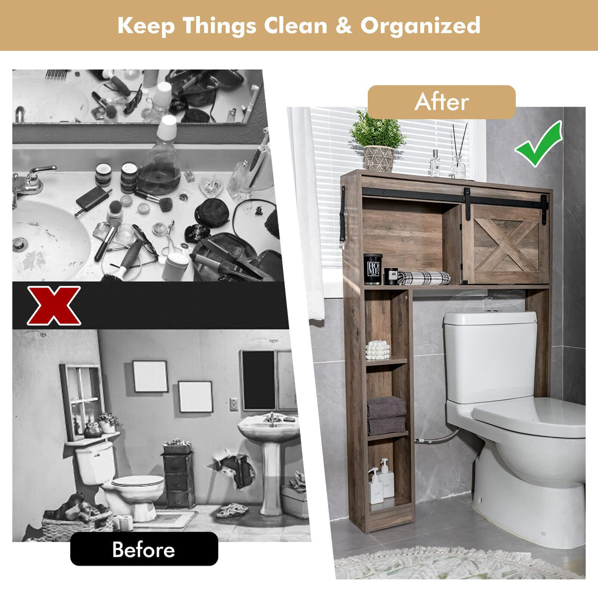 Giantex Over The Toilet Storage Cabinet, Freestanding Bathroom Organizer with Sliding Barn Door & Storage Shelves