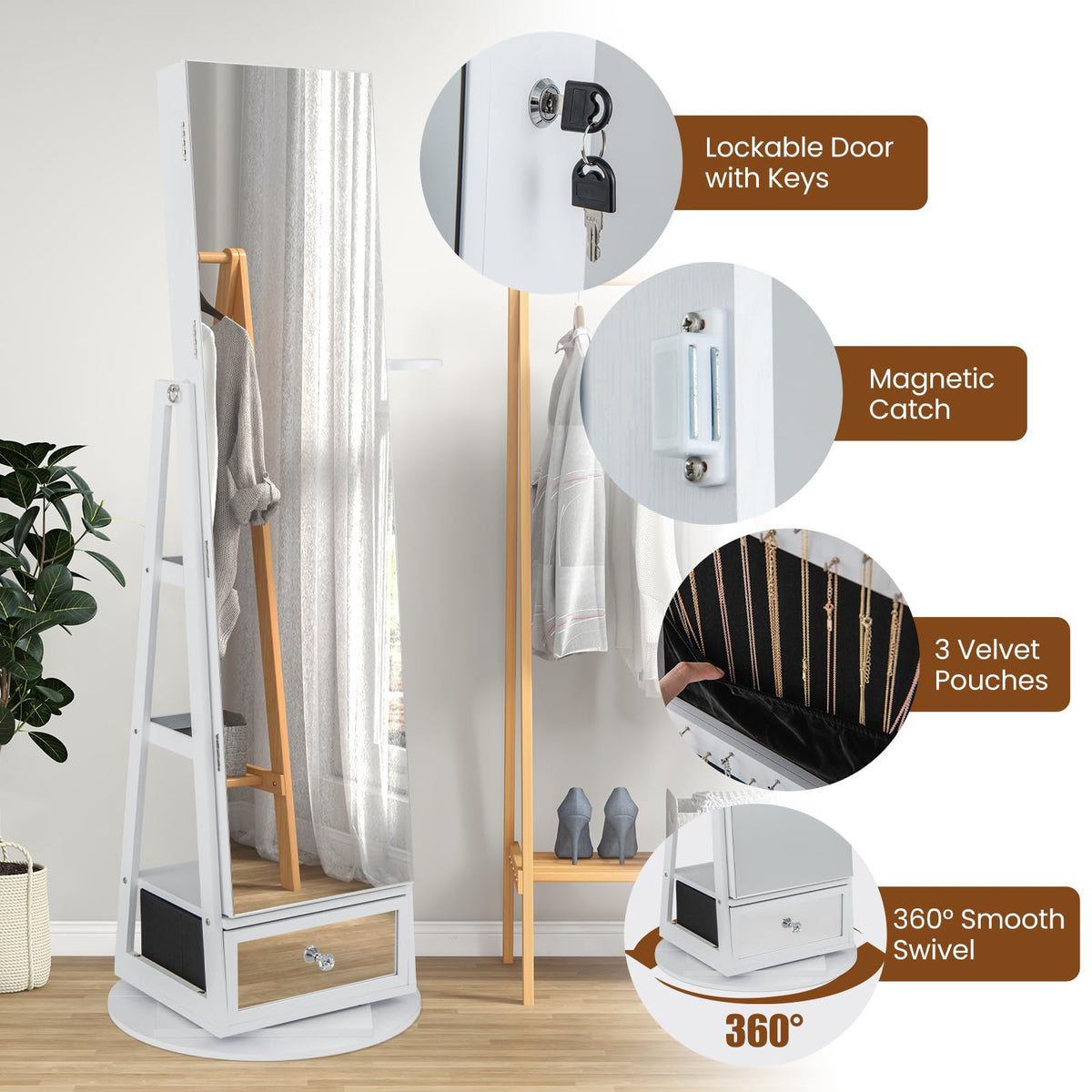 Giantex 360° Swivel Jewelry Cabinet w/Full-Length Mirror