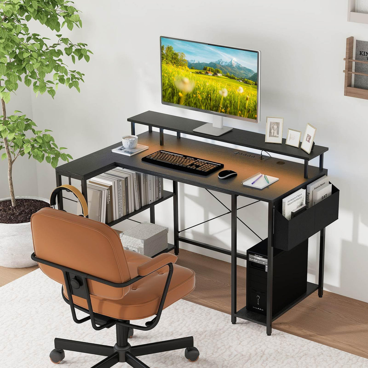 Giantex 120cm L-Shaped Gaming Desk Computer Desk w/LED Lights & Power Outlets