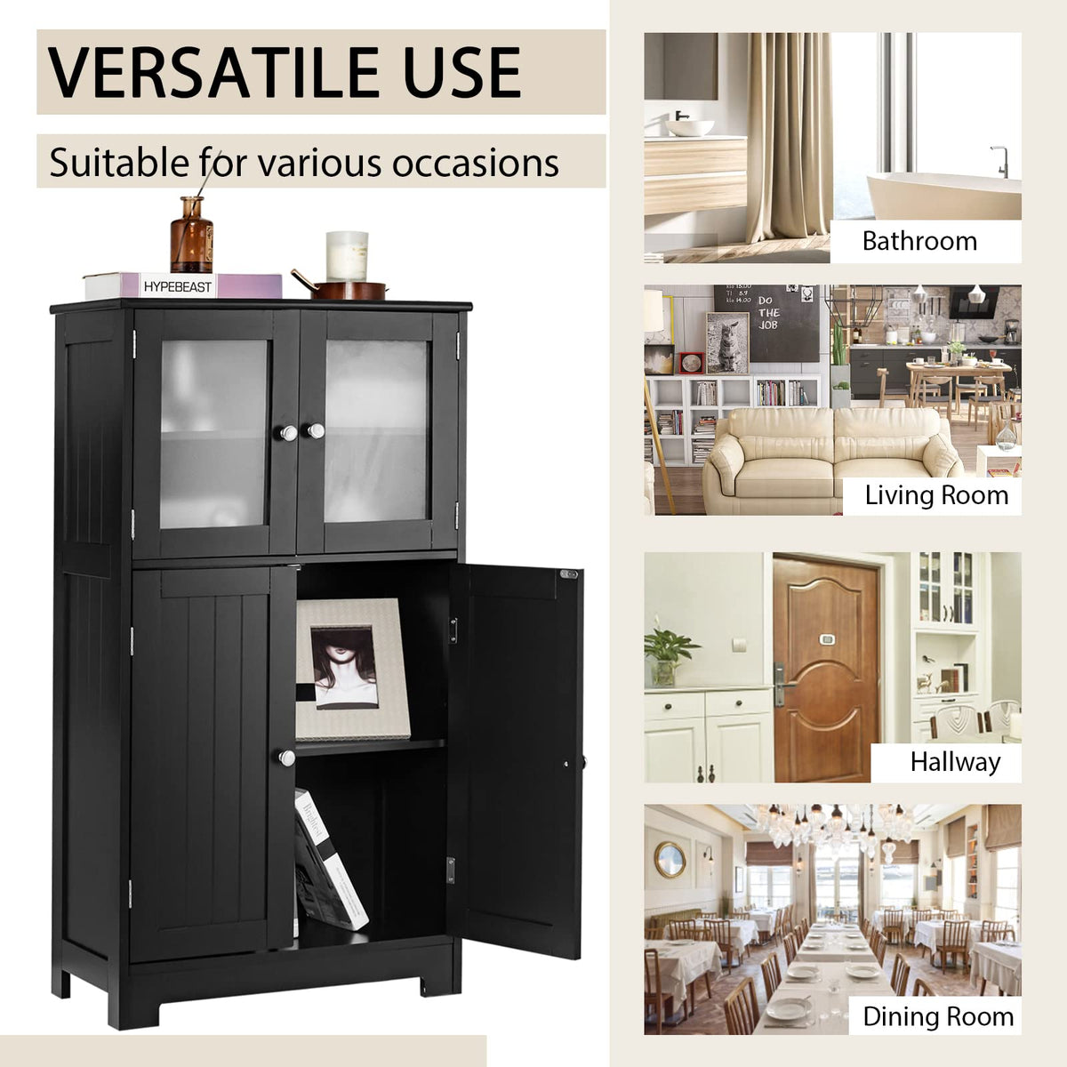 Bathroom Storage Cabinet, Kitchen Pantry Cabinet w/Tempered Glass Doors & Adjustable Shelf