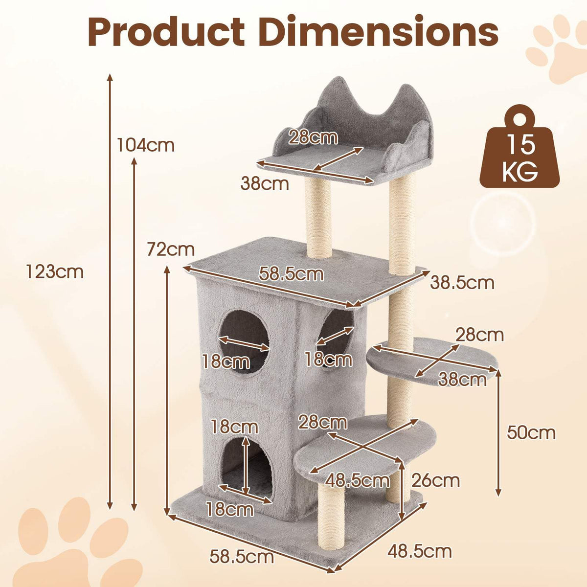 Cat Tree for Large Cats, 123 CM inch Cat Tower with 2-Story Condo