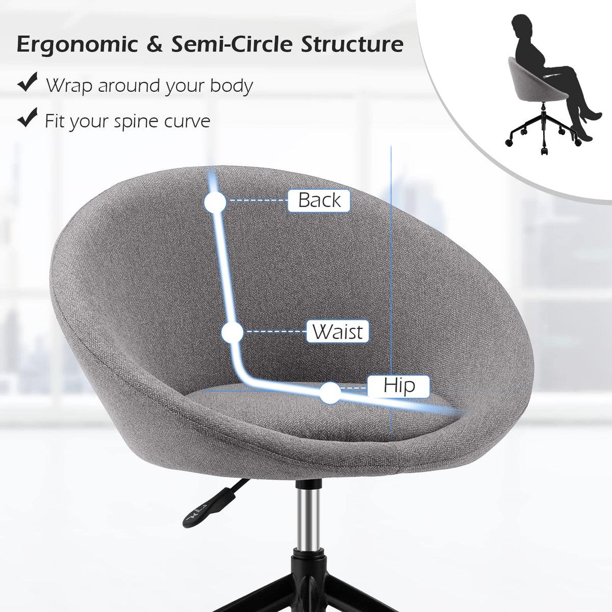 Giantex Modern Swivel Accent Chair, Round Back Desk Chair, Height Adjustable Home Office Chair