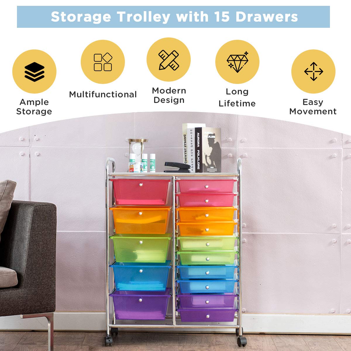 15-Drawer Rolling Storage Drawer Cart, Tools Scrapbook File Paper Craft Organizer Cart w/ Wheels