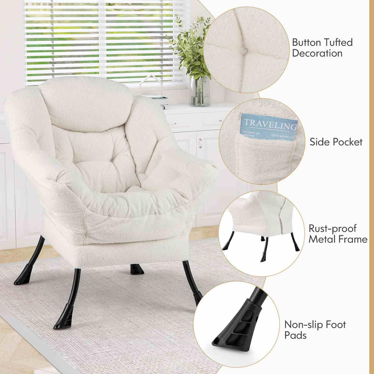 Large Lazy Chair, Sherpa Upholstered Accent Chair with Cozy Head Pillow, Stylish Tufted Back & Seat