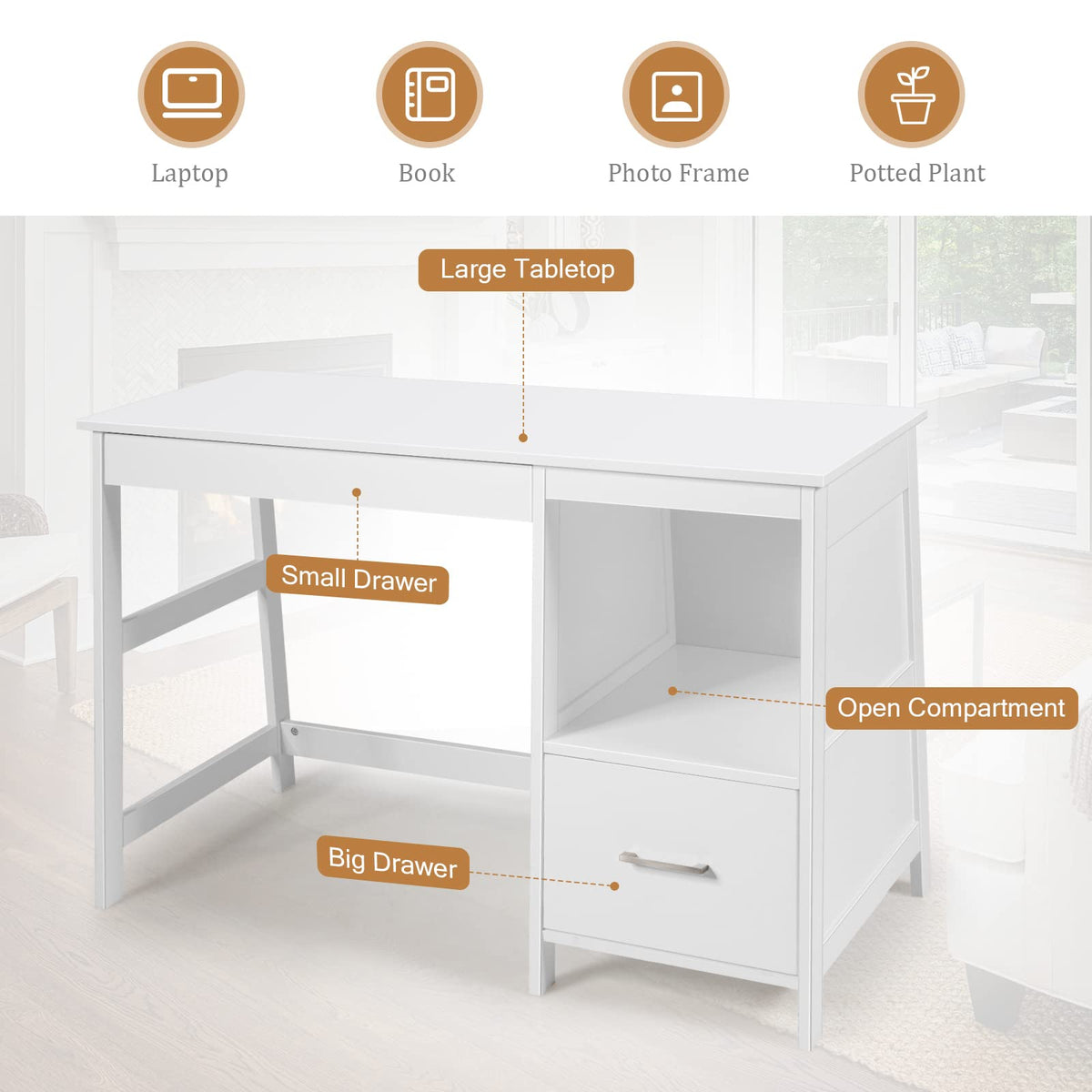 Computer Desk, Wooden Writing Table, Modern Home Office Desk with Footrest
