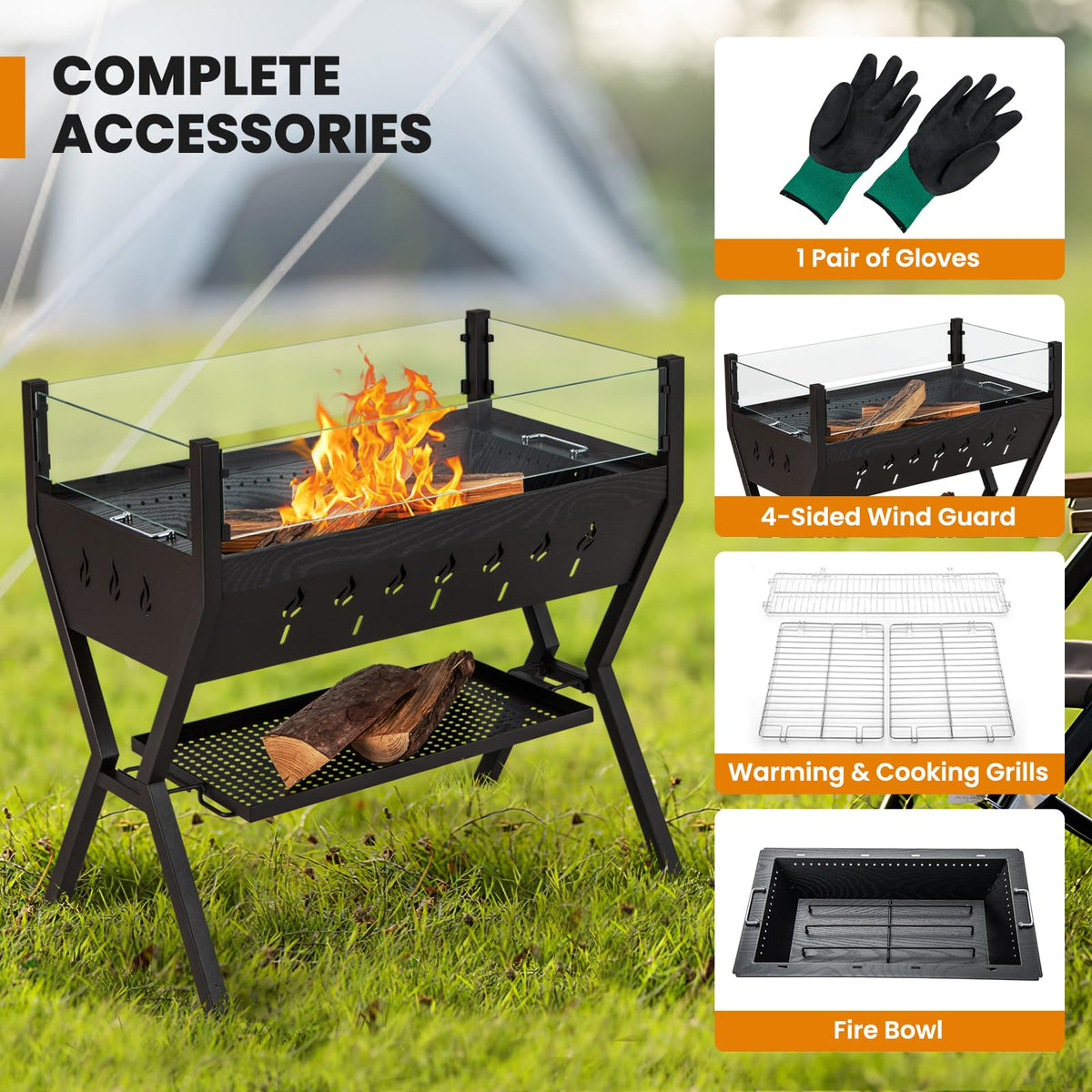 Barbecue Charcoal Grills, Stainless Steel Camping Grill w/Wind Guard