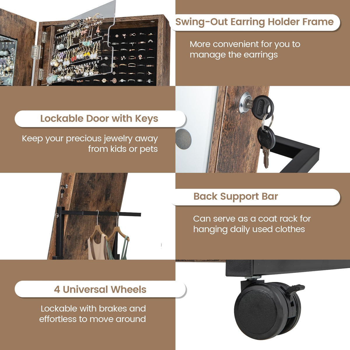 Giantex Adjustable Standing Jewelry Cabinet, Lockable Jewelry Armoire Organizer