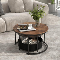 Giantex Round Coffee Table Set of 2, 80cm & 60cm Circle Cocktail Table with Fabric Storage Basket & Metal Frame