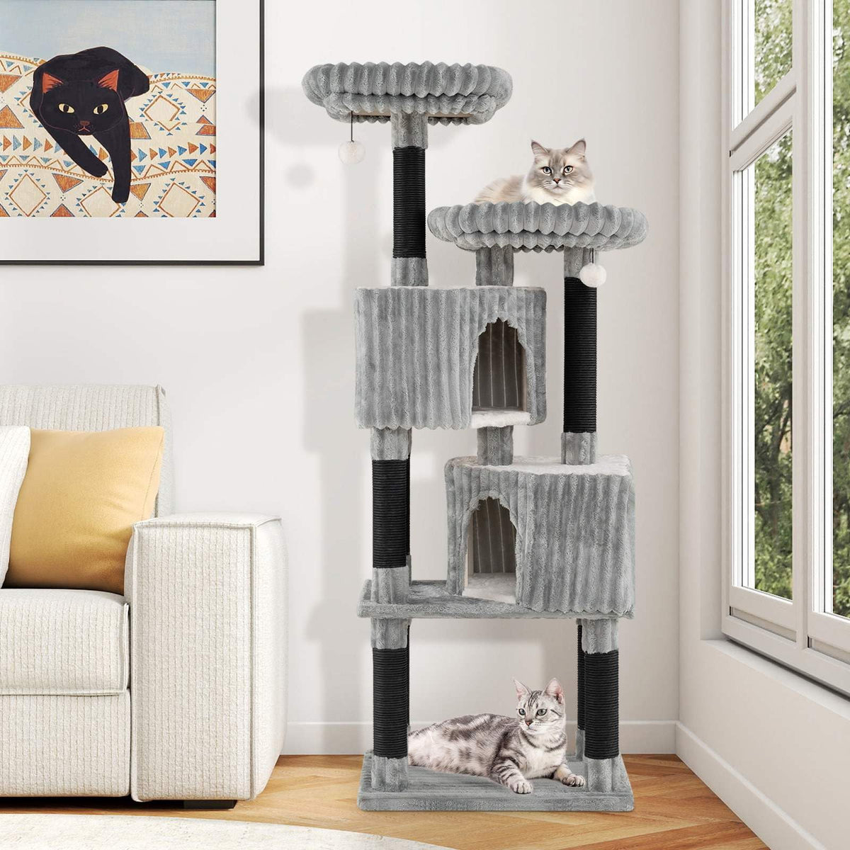 Large Multi-Level Cat Tree, 156 cm Tall Cat Tower w/ 2 Condos