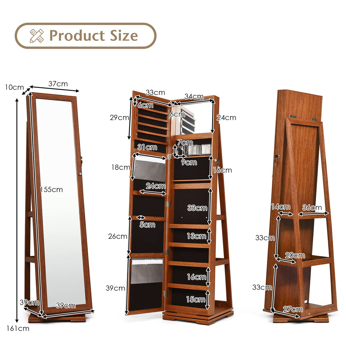 Giantex 360 Rotating Mirrored Jewelry Cabinet, Free Standing Jewelry Armoire, Full Length Mirror