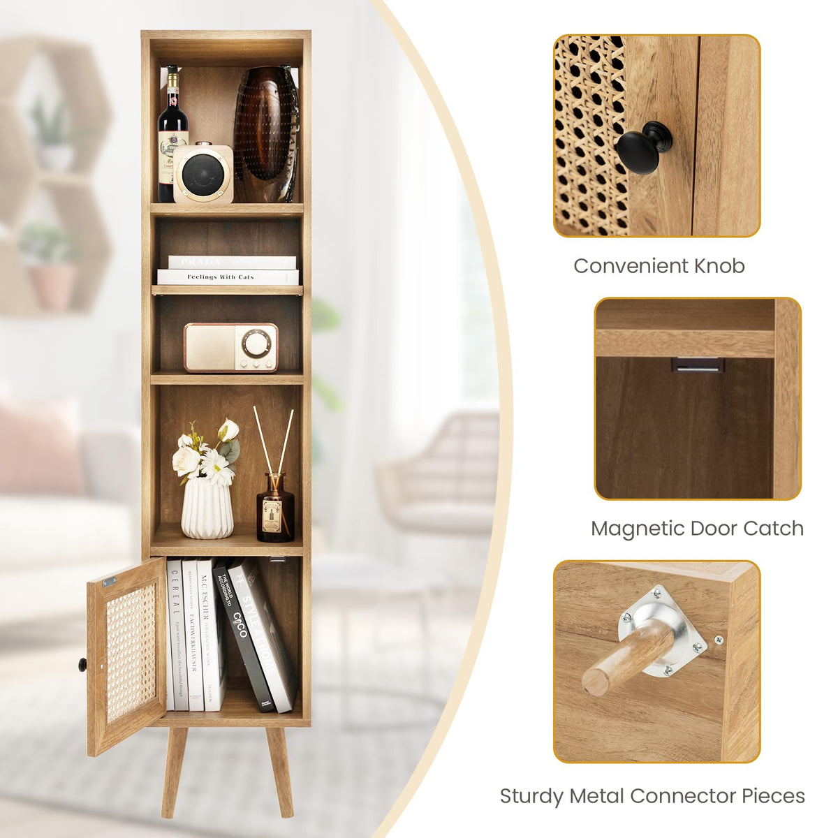 Natural Rattan Storage Cabinet Freestanding Cabinet 137cm Bookcase Display Rack