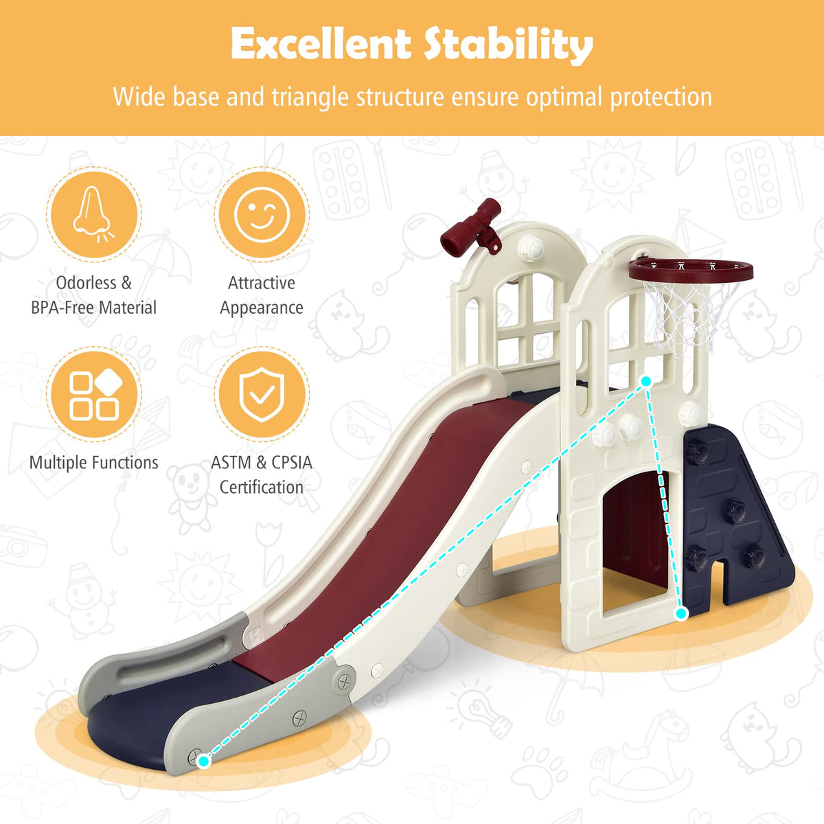 6-In-1 Large Slide with Basketball Hoop for Indoor & Outdoor Playground
